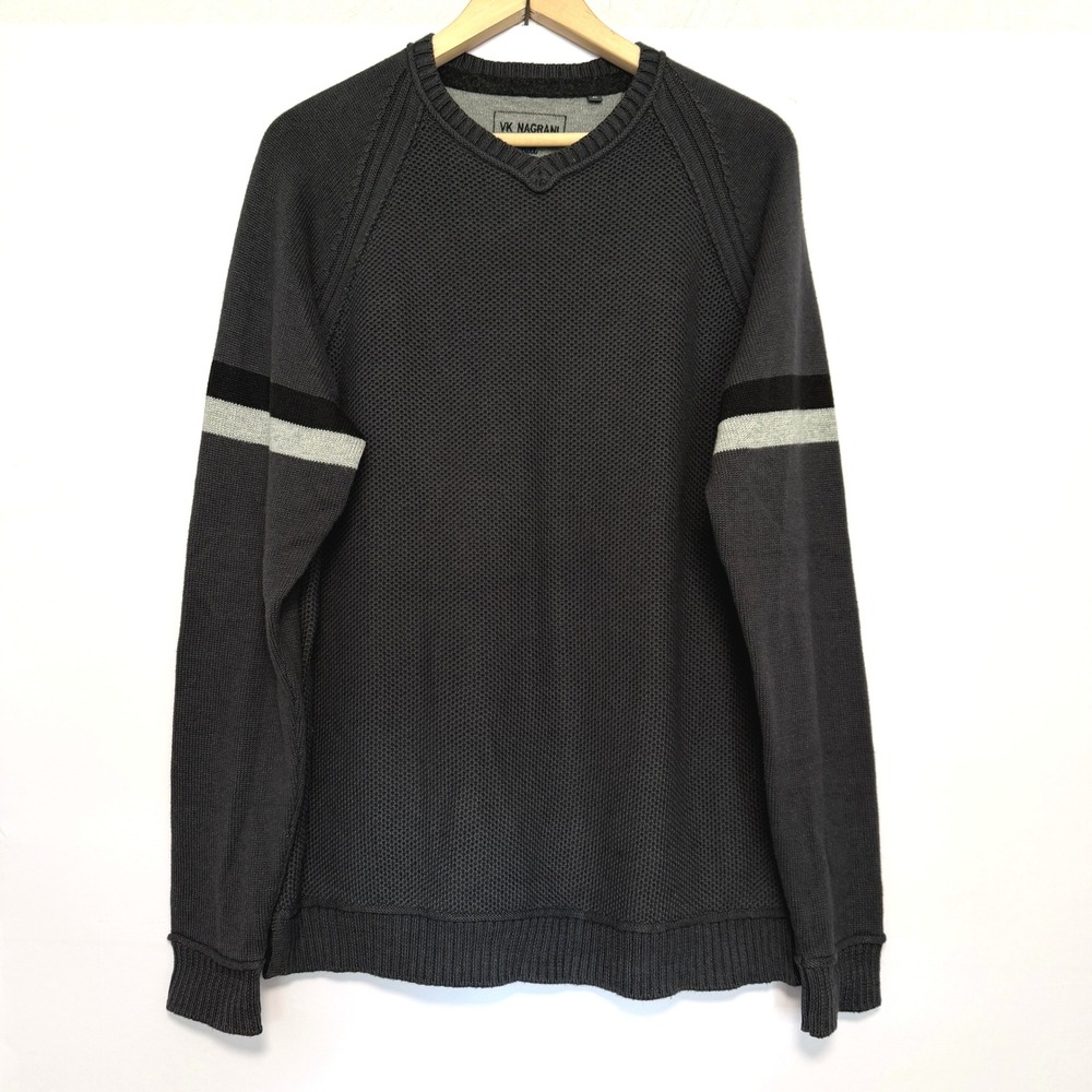 VK Nagrani Sweater Mens XL Gray Chill Cotton Alpaca Blend Striped Crew Blokecore